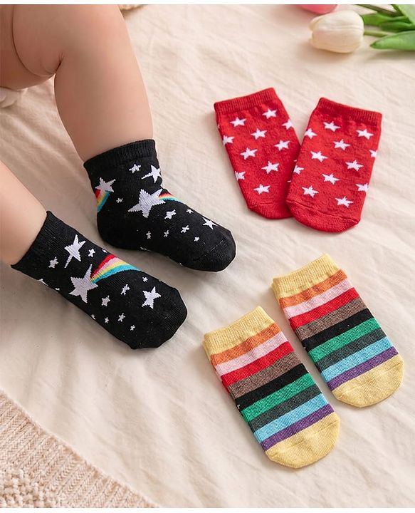 Cute Walk by Babyhug Anti-Bacterial Ankle Length Striped & Star Designed Socks Pack of 3 - Yellow Red & Black