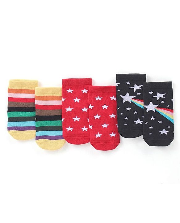 Cute Walk by Babyhug Anti-Bacterial Ankle Length Striped & Star Designed Socks Pack of 3 - Yellow Red & Black