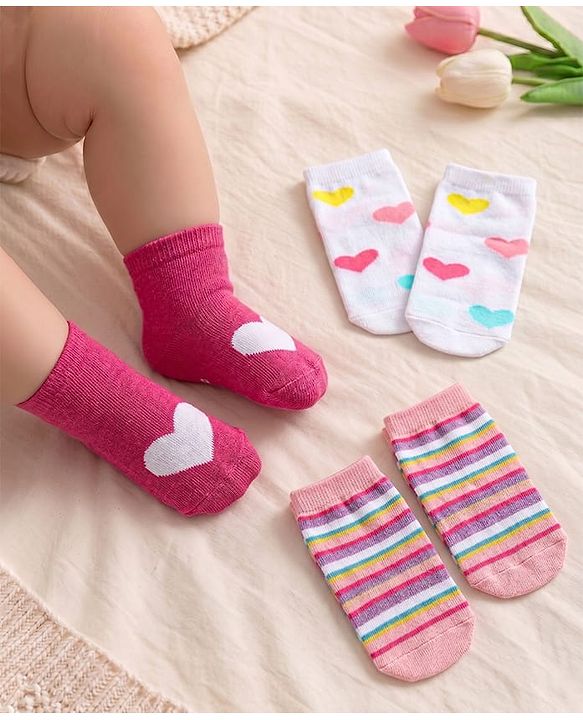 Cute Walk by Babyhug Anti-Bacterial Ankle Length Terry Socks with Heart Design Pack of 3 - Multicolor