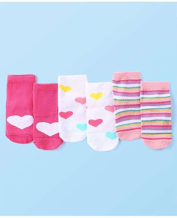 Cute Walk by Babyhug Anti-Bacterial Ankle Length Terry Socks with Heart Design Pack of 3 - Multicolor
