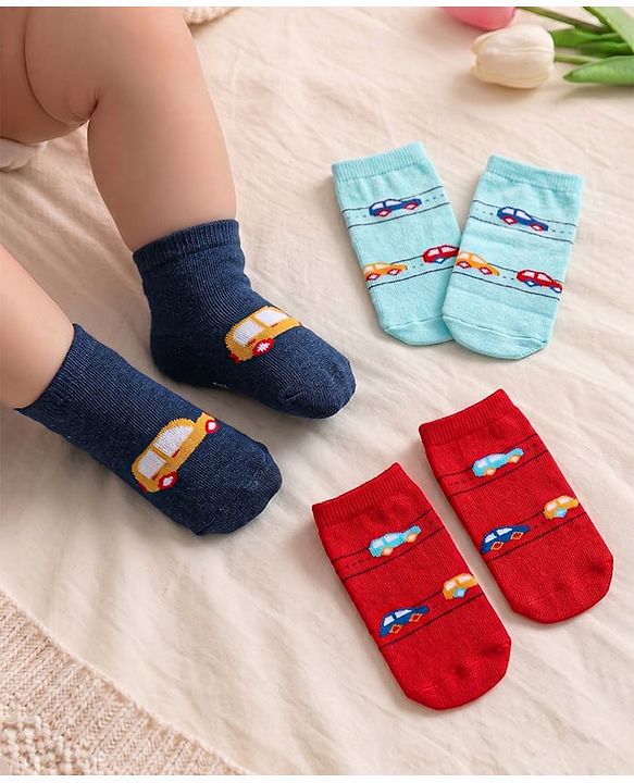 Cute Walk by Babyhug Anti-Bacterial Ankle Length Terry Socks with Car Design Pack of 3 - Multicolor