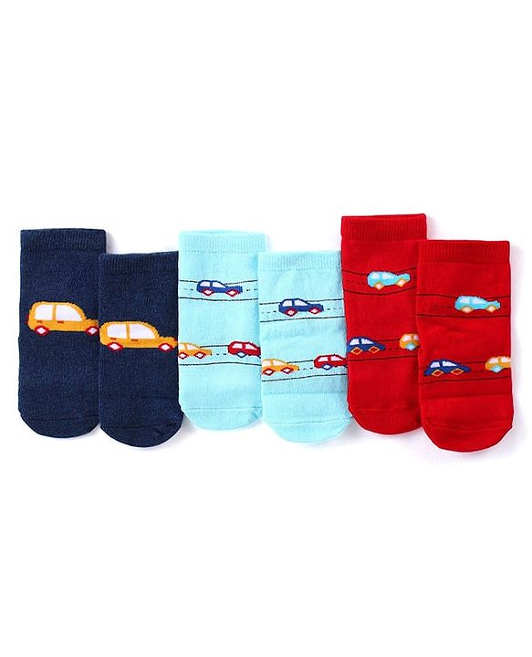 Cute Walk by Babyhug Anti-Bacterial Ankle Length Terry Socks with Car Design Pack of 3 - Multicolor