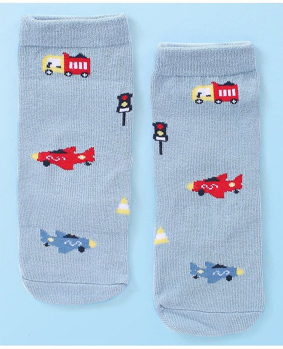 Cute Walk by Babyhug Anti-Bacterial Ankle Length Striped & Vehicle Design Socks Pack of 3 - White Grey & Blue