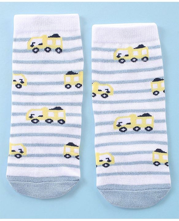 Cute Walk by Babyhug Anti-Bacterial Ankle Length Striped & Vehicle Design Socks Pack of 3 - White Grey & Blue