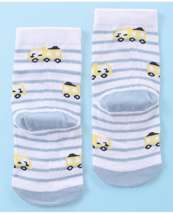 Cute Walk by Babyhug Anti-Bacterial Ankle Length Striped & Vehicle Design Socks Pack of 3 - White Grey & Blue