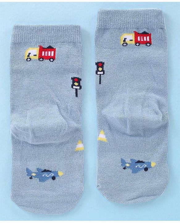 Cute Walk by Babyhug Anti-Bacterial Ankle Length Striped & Vehicle Design Socks Pack of 3 - White Grey & Blue