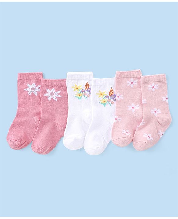 Cute Walk by Babyhug Knit Anti-Bacterial Ankle Length Socks with Floral Design Pack of 3 - Pink & White