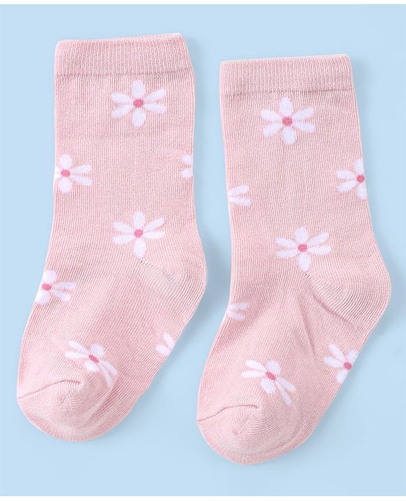 Cute Walk by Babyhug Knit Anti-Bacterial Ankle Length Socks with Floral Design Pack of 3 - Pink & White