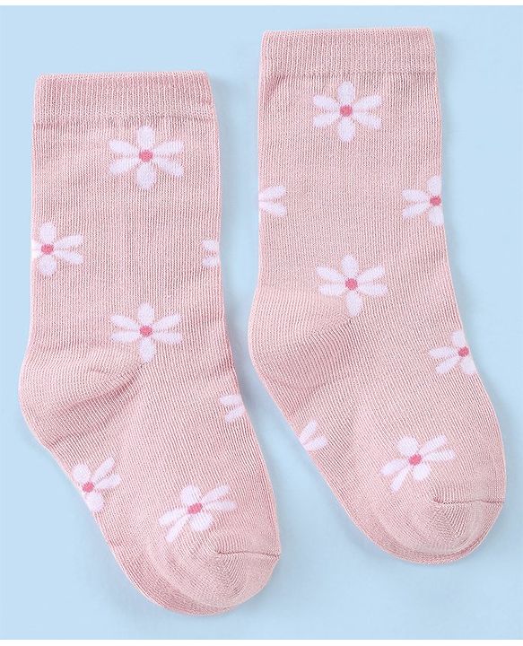 Cute Walk by Babyhug Knit Anti-Bacterial Ankle Length Socks with Floral Design Pack of 3 - Pink & White