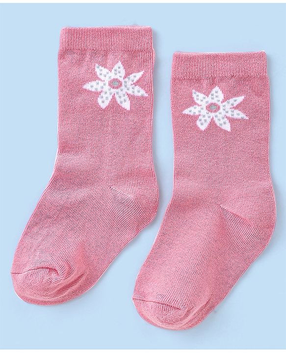 Cute Walk by Babyhug Knit Anti-Bacterial Ankle Length Socks with Floral Design Pack of 3 - Pink & White