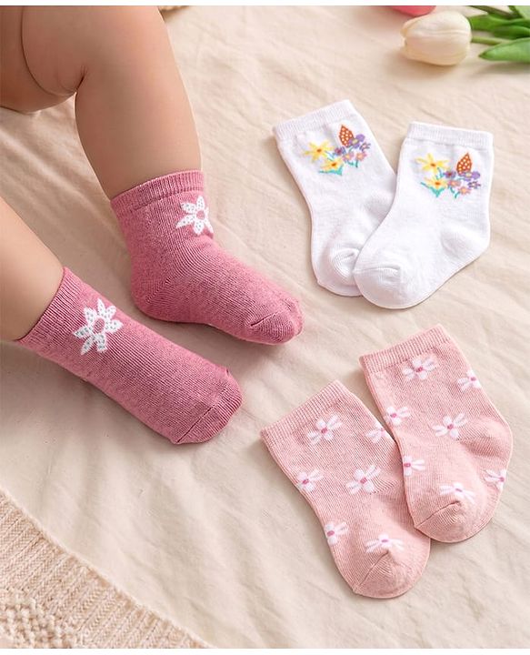 Cute Walk by Babyhug Knit Anti-Bacterial Ankle Length Socks with Floral Design Pack of 3 - Pink & White