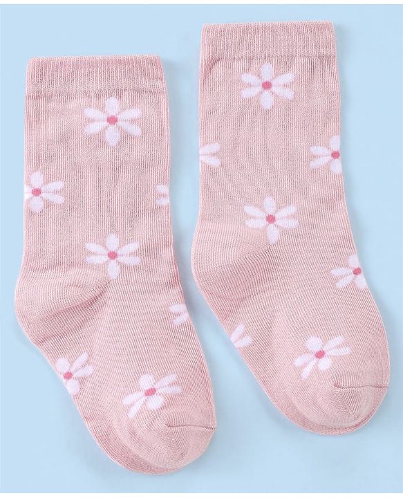 Cute Walk by Babyhug Knit Anti-Bacterial Ankle Length Socks with Floral Design Pack of 3 - Pink & White