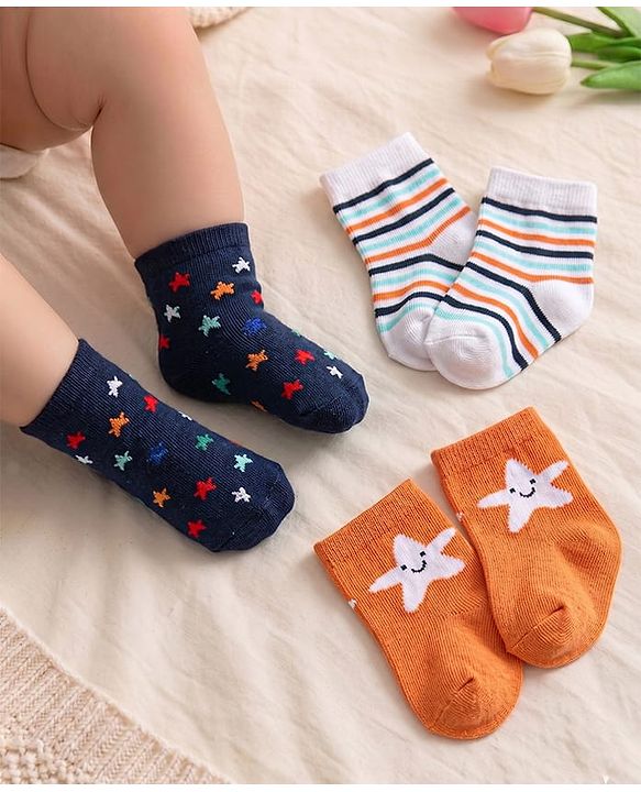 Cute Walk by Babyhug Knit Anti-Bacterial Ankle Length Socks with Striped & Star Design Pack of 3 - Orange White & Blue
