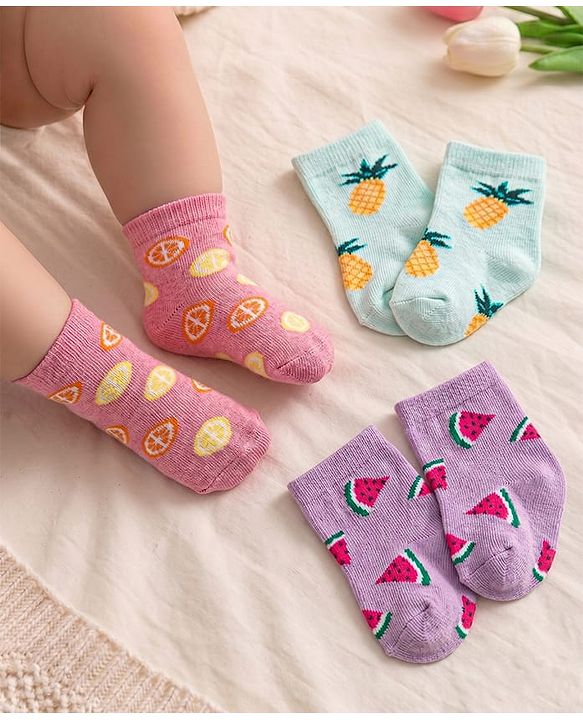 Cute Walk by Babyhug Knit Anti-Bacterial Ankle Length Socks with Watermelon Pineapple & Orange Design Pack of 3 - Pink Mint & Purple