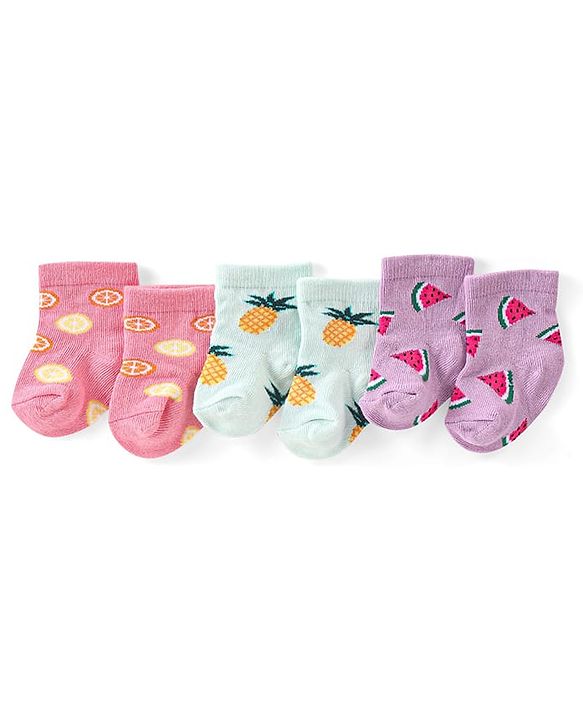 Cute Walk by Babyhug Knit Anti-Bacterial Ankle Length Socks with Watermelon Pineapple & Orange Design Pack of 3 - Pink Mint & Purple
