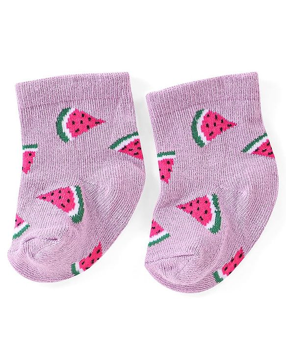 Cute Walk by Babyhug Knit Anti-Bacterial Ankle Length Socks with Watermelon Pineapple & Orange Design Pack of 3 - Pink Mint & Purple
