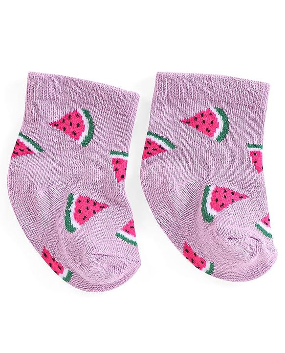 Cute Walk by Babyhug Knit Anti-Bacterial Ankle Length Socks with Watermelon Pineapple & Orange Design Pack of 3 - Pink Mint & Purple