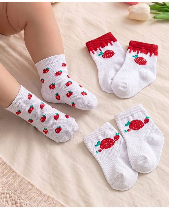 Cute Walk by Babyhug Knit Anti-Bacterial Ankle Length Socks with Strawberry Design Pack of 3 - White  & Red