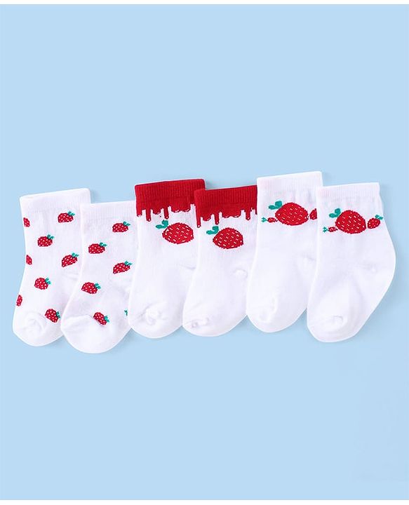 Cute Walk by Babyhug Knit Anti-Bacterial Ankle Length Socks with Strawberry Design Pack of 3 - White  & Red