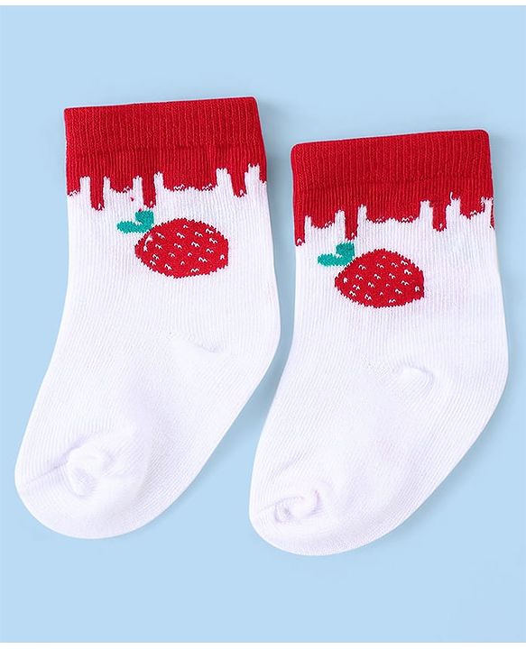 Cute Walk by Babyhug Knit Anti-Bacterial Ankle Length Socks with Strawberry Design Pack of 3 - White  & Red