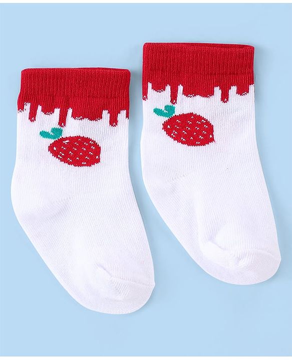 Cute Walk by Babyhug Knit Anti-Bacterial Ankle Length Socks with Strawberry Design Pack of 3 - White  & Red