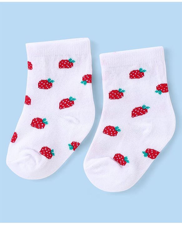 Cute Walk by Babyhug Knit Anti-Bacterial Ankle Length Socks with Strawberry Design Pack of 3 - White  & Red