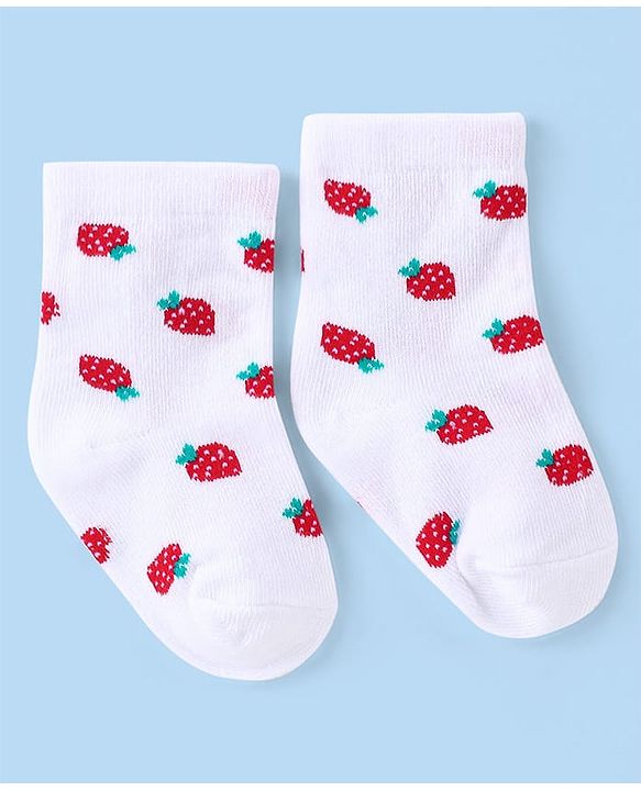 Cute Walk by Babyhug Knit Anti-Bacterial Ankle Length Socks with Strawberry Design Pack of 3 - White  & Red