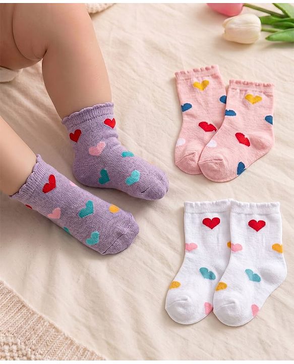 Cute Walk by Babyhug Knitted Anti-Bacterial Ankle Length Socks With Heart Design Pack of 3 - Lilac White & Peach