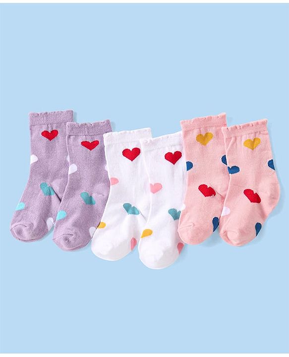 Cute Walk by Babyhug Knitted Anti-Bacterial Ankle Length Socks With Heart Design Pack of 3 - Lilac White & Peach
