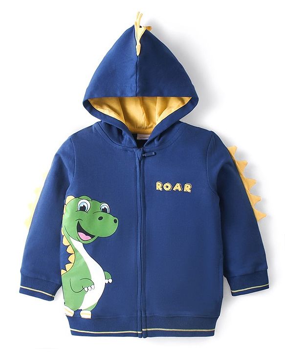 Babyug Cotton Knit Full Sleeves Front Open Hooded Sweatjacket with Dino Print & Applique - Navy Blue