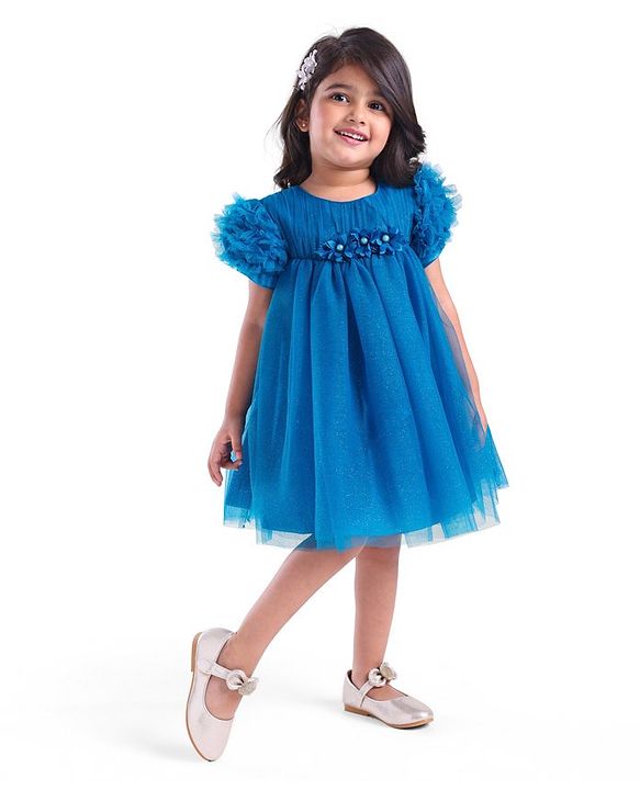 Babyhug Woven Half Ruffle At Sleeves Shimmered  Fit & Flared Party Frock with Floral Applique - Blue