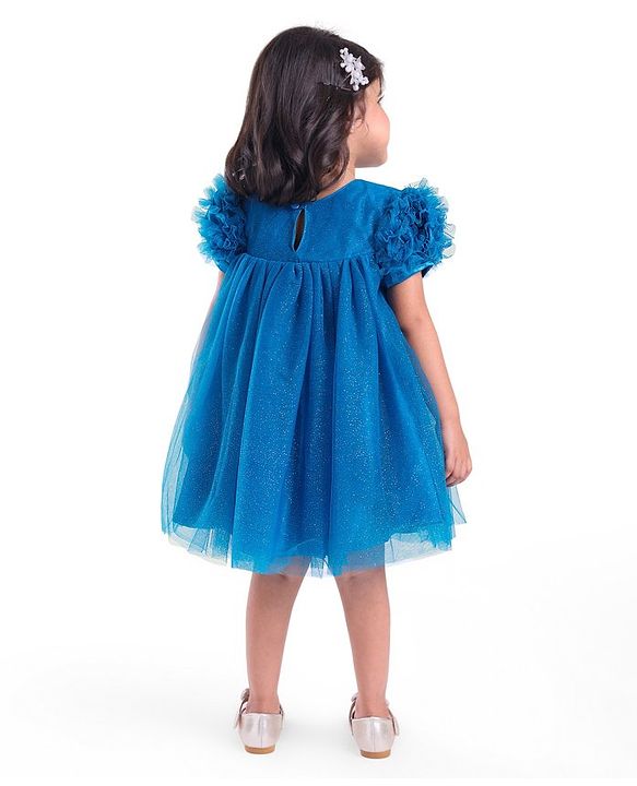 Babyhug Woven Half Ruffle At Sleeves Shimmered  Fit & Flared Party Frock with Floral Applique - Blue