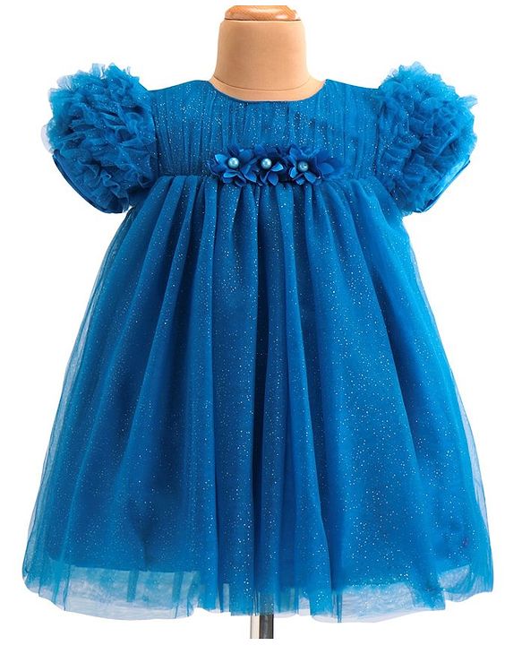 Babyhug Woven Half Ruffle At Sleeves Shimmered  Fit & Flared Party Frock with Floral Applique - Blue