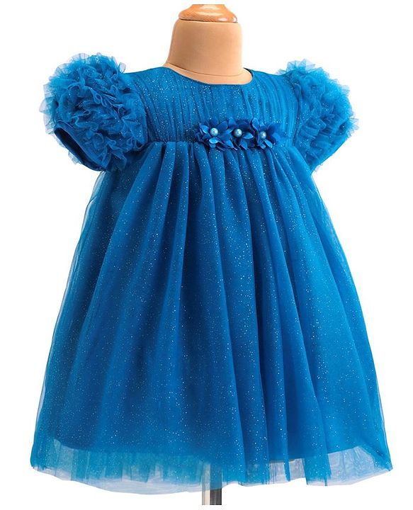 Babyhug Woven Half Ruffle At Sleeves Shimmered  Fit & Flared Party Frock with Floral Applique - Blue