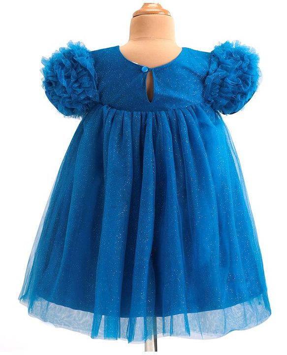 Babyhug Woven Half Ruffle At Sleeves Shimmered  Fit & Flared Party Frock with Floral Applique - Blue