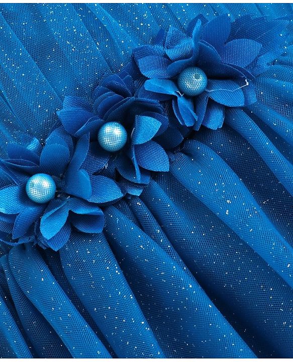 Babyhug Woven Half Ruffle At Sleeves Shimmered  Fit & Flared Party Frock with Floral Applique - Blue