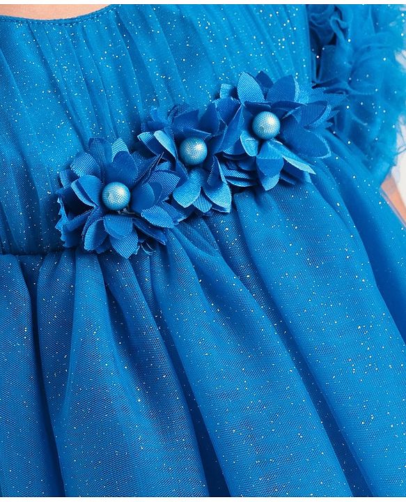 Babyhug Woven Half Ruffle At Sleeves Shimmered  Fit & Flared Party Frock with Floral Applique - Blue
