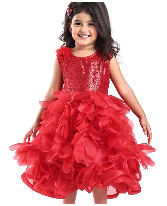 Babyhug Woven Sleeveless Fit & Flared Sequined Party Frock with Floral Applique - Red
