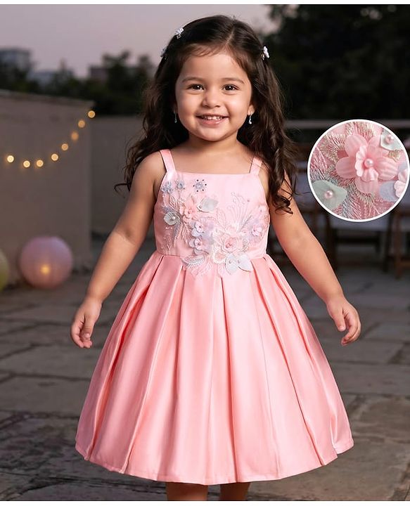 Babyhug Woven Sleeveless Party  Dress With Floral Embroidery - Peach