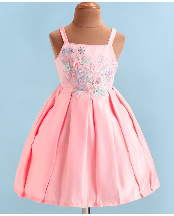 Babyhug Woven Sleeveless Party  Dress With Floral Embroidery - Peach