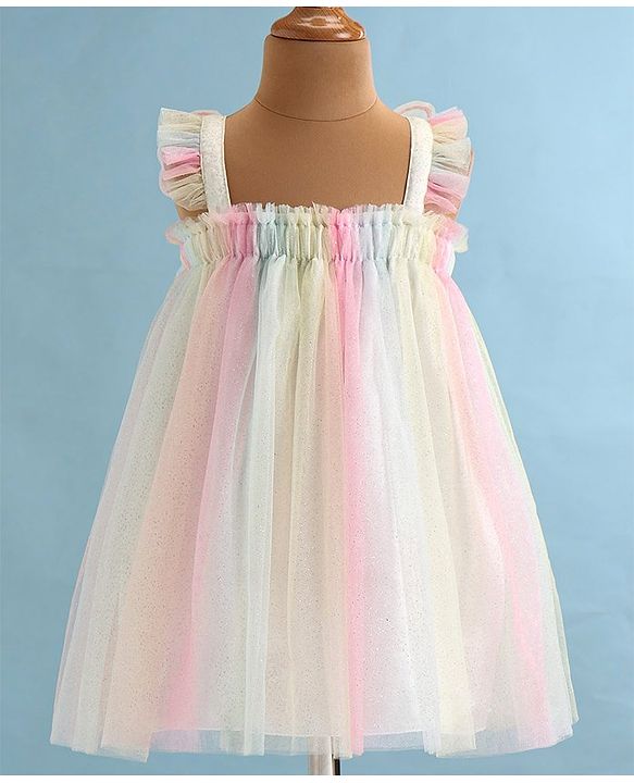 Babyhug Woven Frill Sleeves A Line Party Frock with Butterfly Detailing - Multicolour