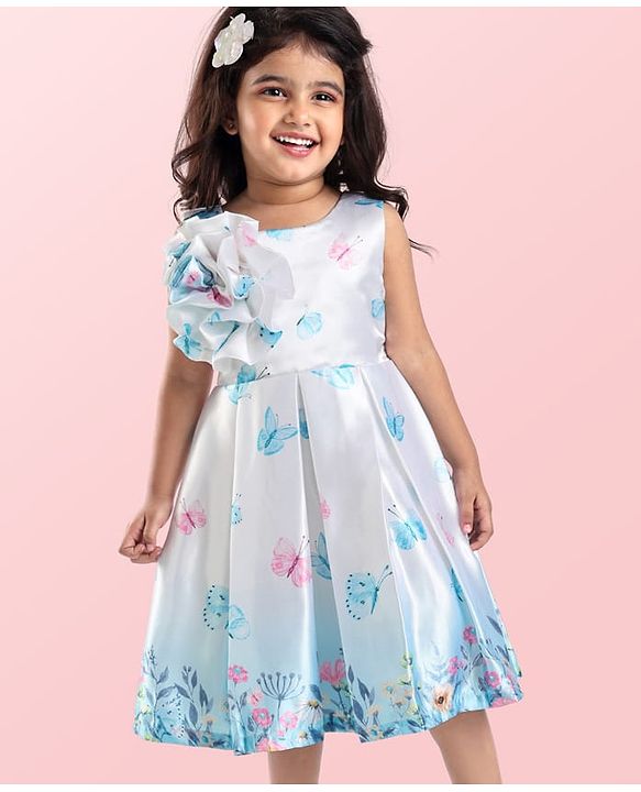 Babyhug Woven  Sleeveless Fit & Flared Party Frock with Floral Print & Applique -  White & Sky Blue
