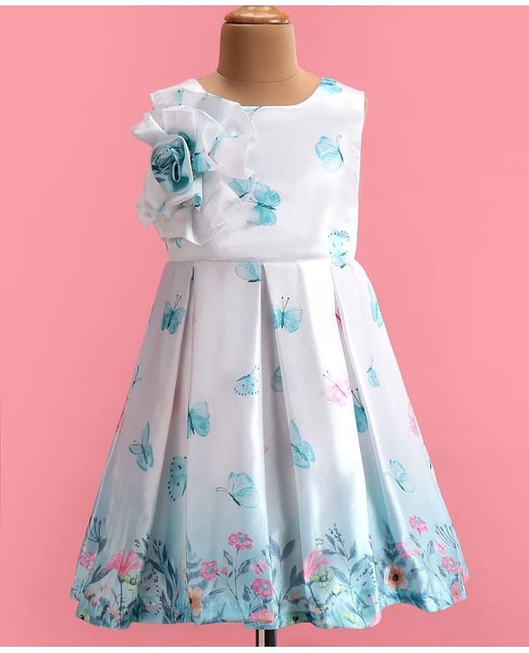 Babyhug Woven  Sleeveless Fit & Flared Party Frock with Floral Print & Applique -  White & Sky Blue