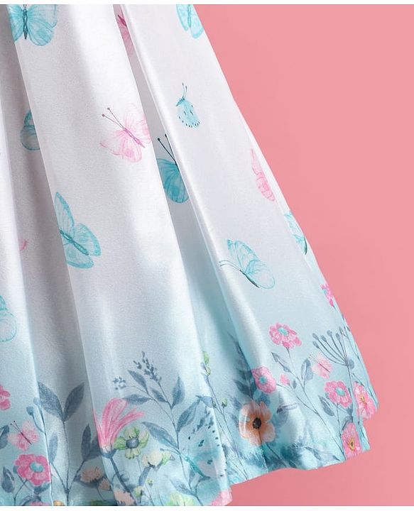 Babyhug Woven  Sleeveless Fit & Flared Party Frock with Floral Print & Applique -  White & Sky Blue