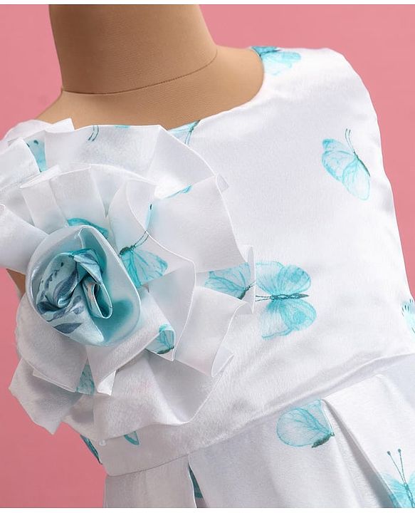 Babyhug Woven  Sleeveless Fit & Flared Party Frock with Floral Print & Applique -  White & Sky Blue
