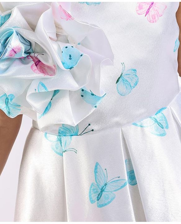 Babyhug Woven  Sleeveless Fit & Flared Party Frock with Floral Print & Applique -  White & Sky Blue