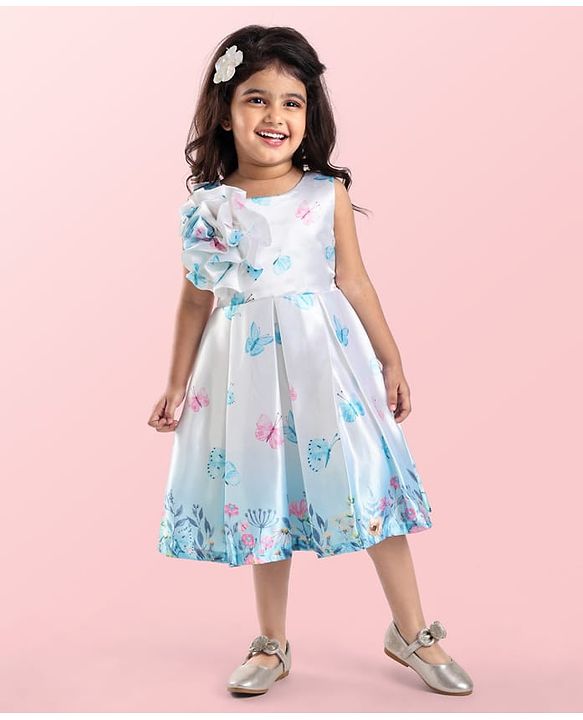 Babyhug Woven  Sleeveless Fit & Flared Party Frock with Floral Print & Applique -  White & Sky Blue