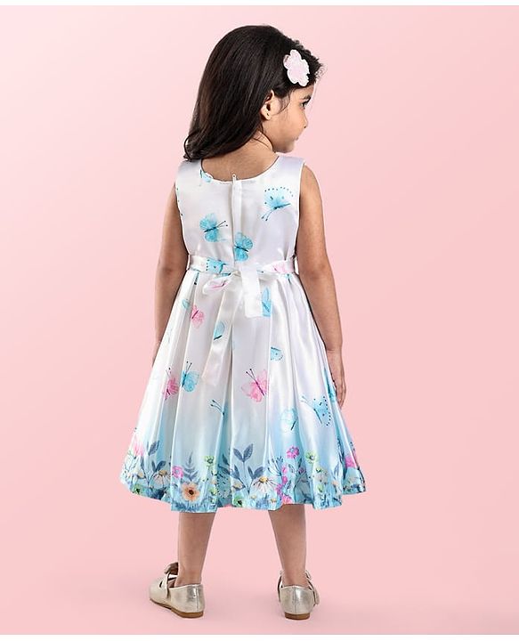 Babyhug Woven  Sleeveless Fit & Flared Party Frock with Floral Print & Applique -  White & Sky Blue