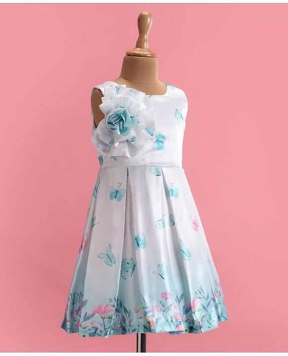 Babyhug Woven  Sleeveless Fit & Flared Party Frock with Floral Print & Applique -  White & Sky Blue