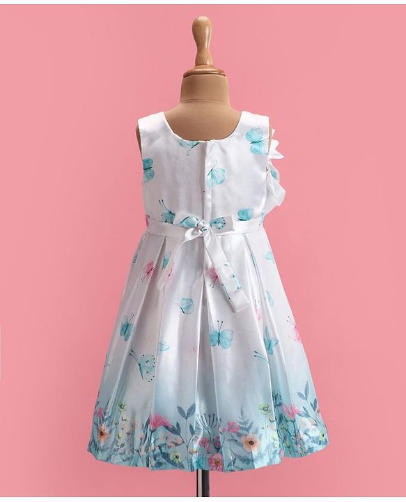 Babyhug Woven  Sleeveless Fit & Flared Party Frock with Floral Print & Applique -  White & Sky Blue